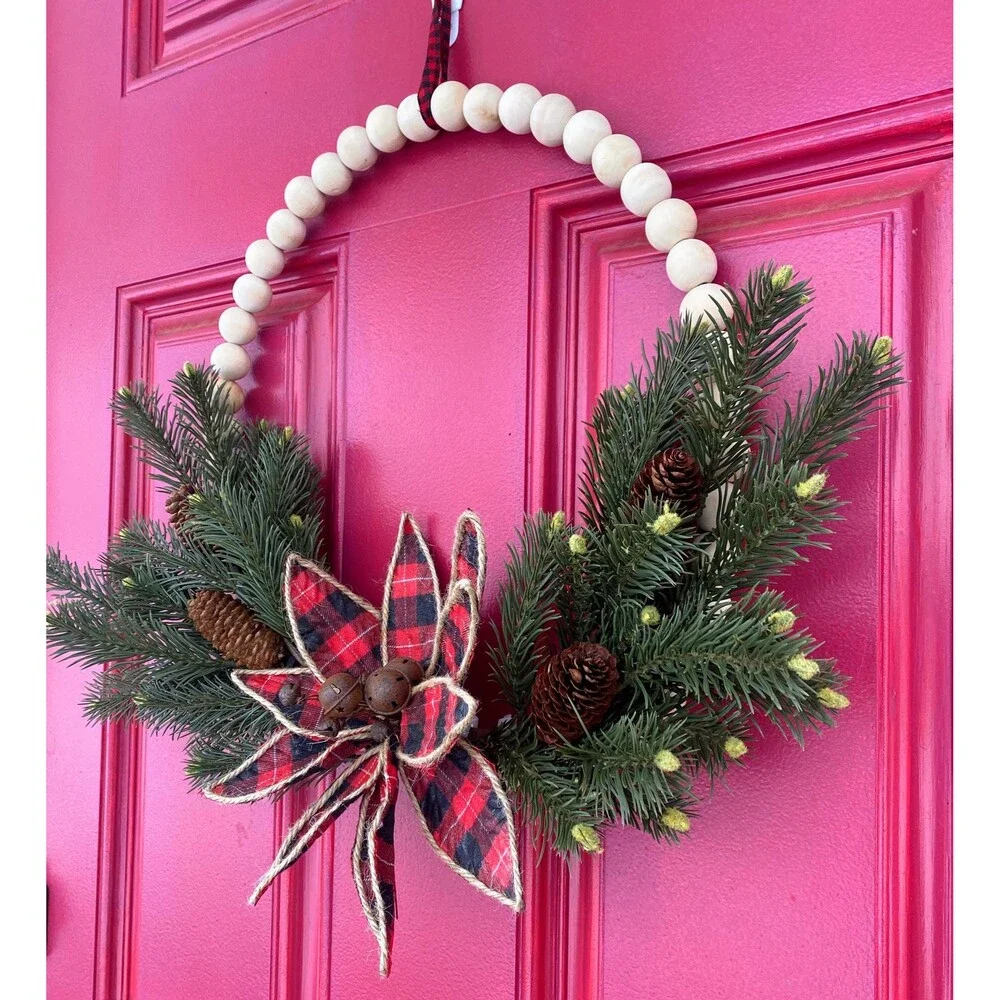 Plaid Christmas Beaded Wreath, Holiday Beaded Plaid Wreath, Bells, Pinecones